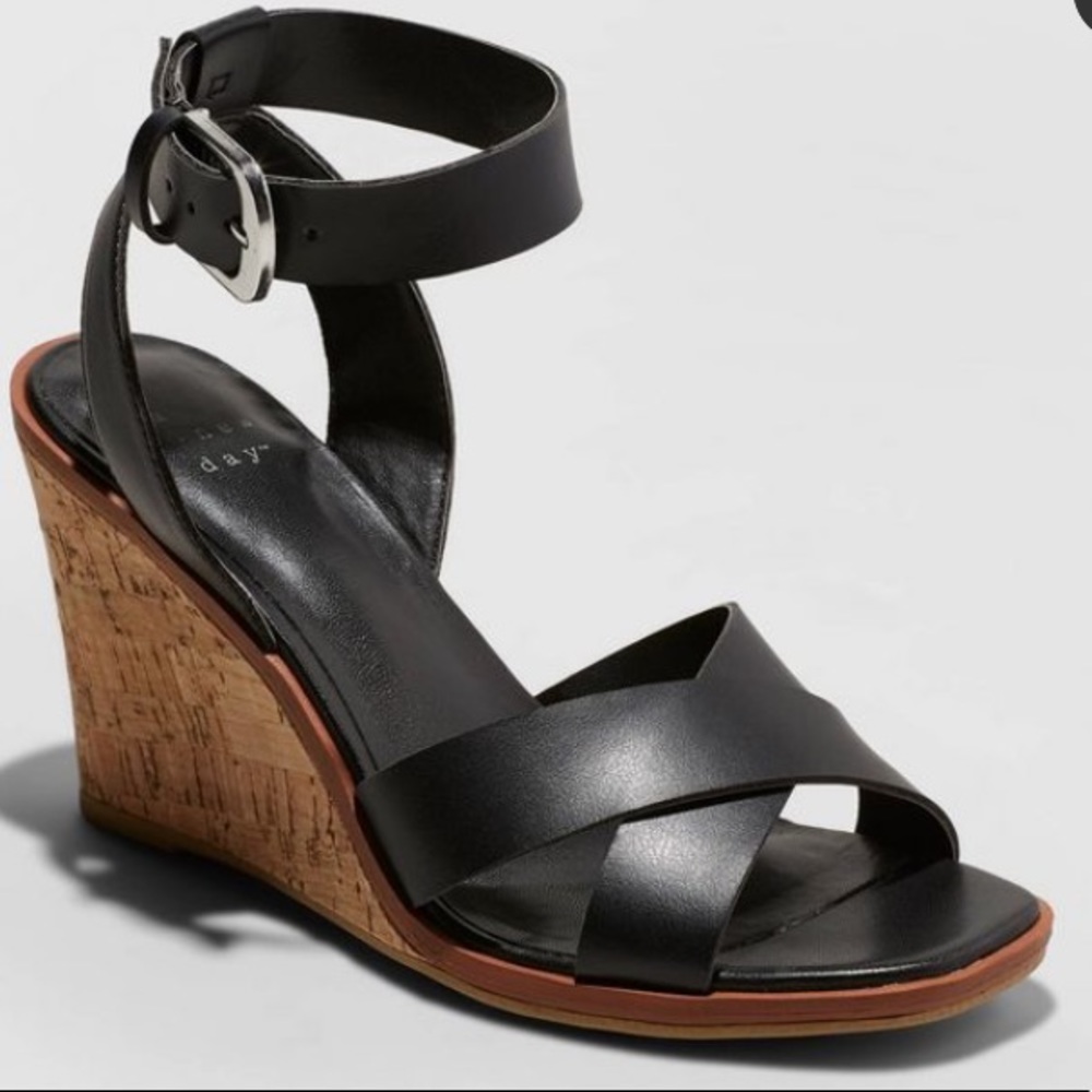 A New Day black Mel cork Wedges 7.5 NWT